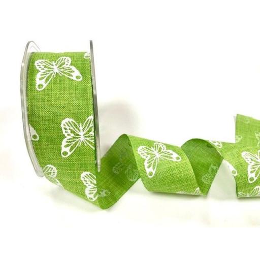 Bertie’s Bows Lime 38mm faux linen butterfly print ribbon x 1 metre