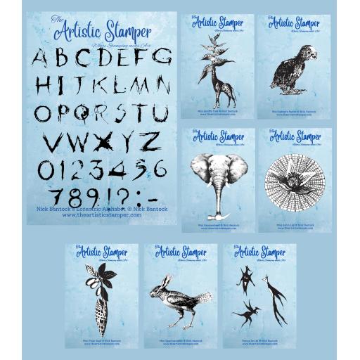 Full  Collection (July 2025) inc. 8 stamps © Nick Bantock (cut out & mounted on cling cushioning)