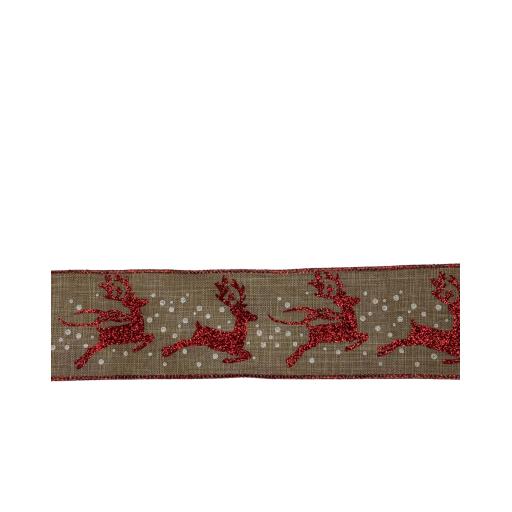 Red Glitter  Reindeer Wired Ribbon 6.5cm wide x 1 metre