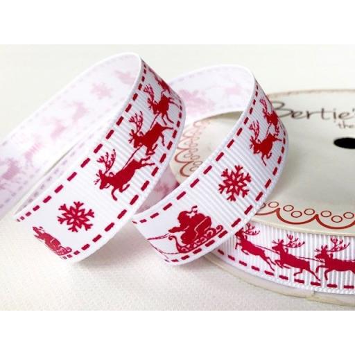 Bertie’s Bows Red Santas Sleigh Print on 16mm White Grosgrain Ribbon x 1 metre